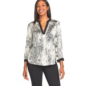 Zara Basic Snakeskin Print V-Neck Blouse Grey Black Long Sleeve Top M Boho 62-31